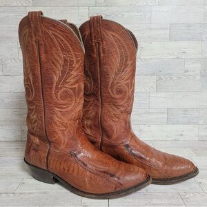 Men's Larry Mahan Western Exotic Brown Ostrich Leg Leather Cowboy Boots Size 9